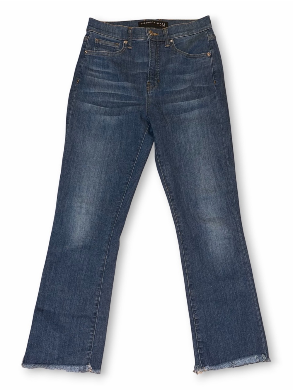 Veronica Beard Jeans Carly Kick Flare High Rise Sunrise Blue Raw Hem